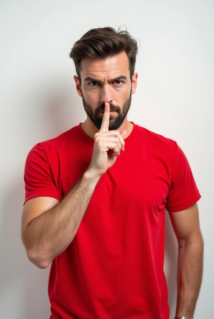 
 male makes shush gesture, demnads shut up, wears casual bright red t-shirt, poses against white wall. People, hush, conspiracy, secret concept