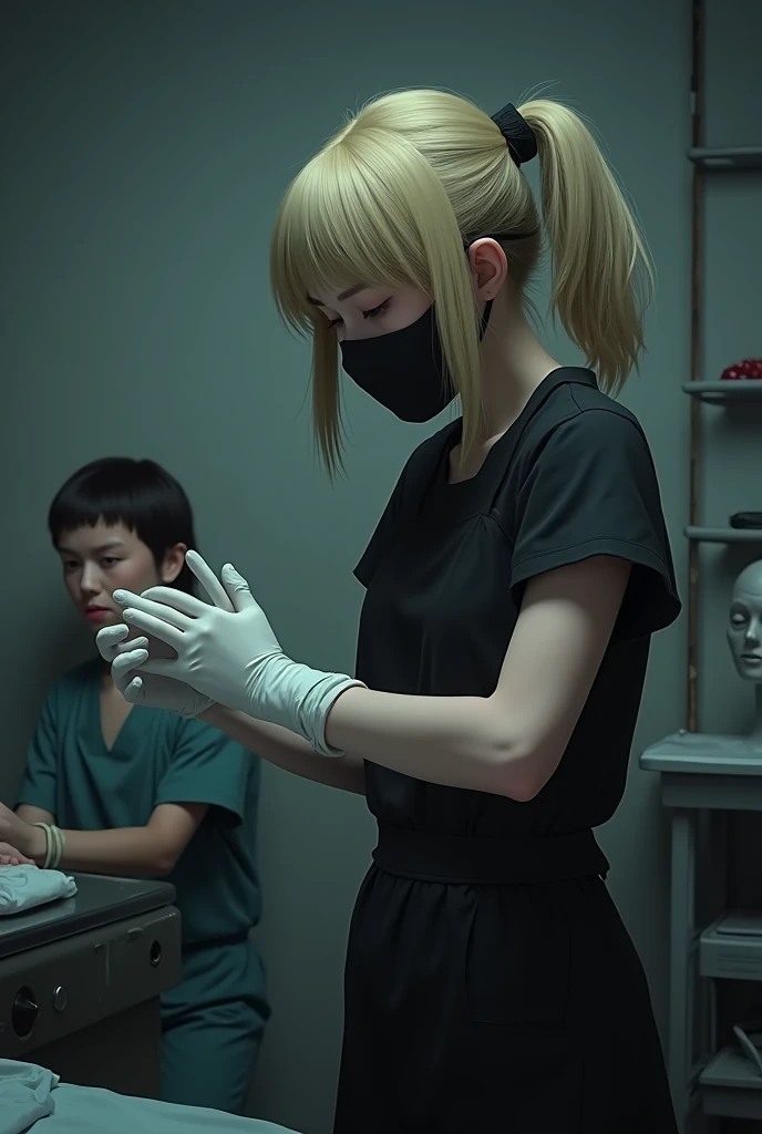 A blonde girl with bangs, wearing a black surgical mask and a black apron, is in the process of putting on some white latex gloves. The scene is realistic, showing how to stretch the first glove precisely over his hand, while his face reflects a mixture of concentration and satisfaction. The setting is a poorly lit, sterile operating room., with metal surfaces and medical equipment, creating a tense atmosphere. In the background, A victim tied to a table watches