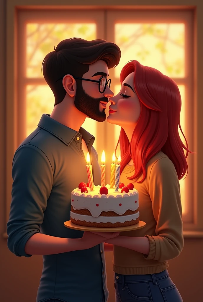 A young white man with very short black beard and glasses holding a birthday cake, and a red head young woman without glasses by his side kissing his cheek