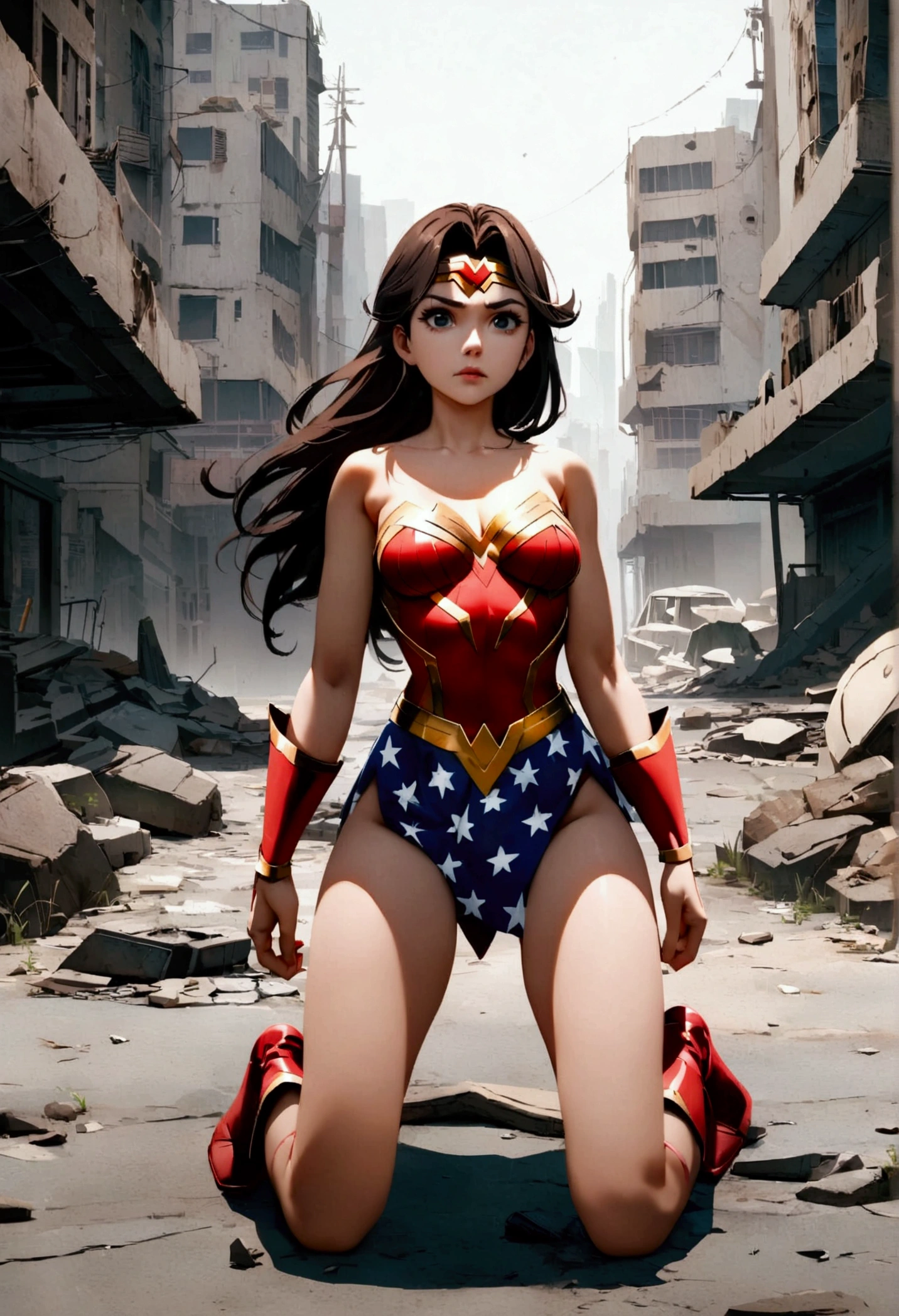 DC comics wonder woman with discarded armor, perfect body, normal breasts, black eyes, long brown hair, in a post-apocalyptic futuristic city, kneeling and with a look of resignation, 4k