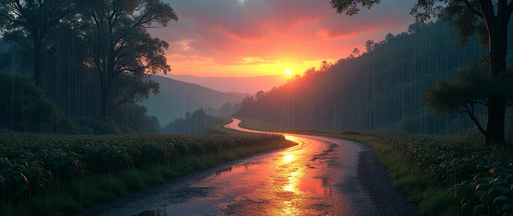 Country Road　Sunset　heavy rain　No people
