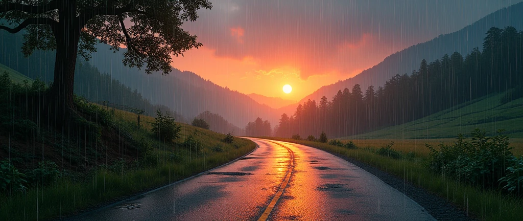 Country Road　Sunset　heavy rain　No people