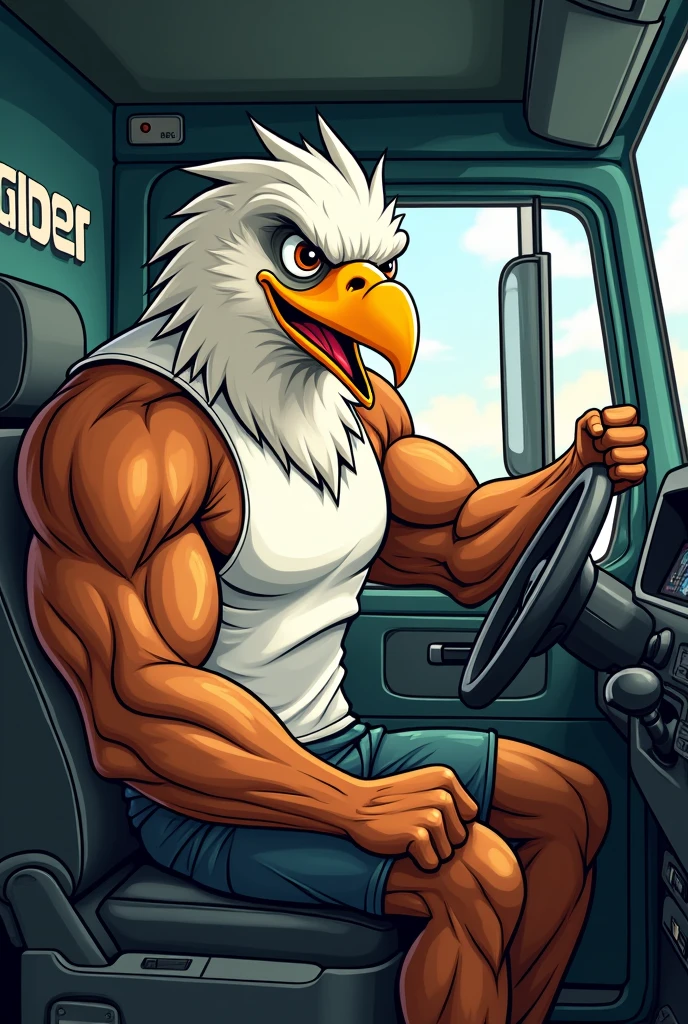 Generate a cartoonish image of a muscular eagle driving an AmBev truck with its arm out the window showing its muscles, the truck cabin must be fully visible!