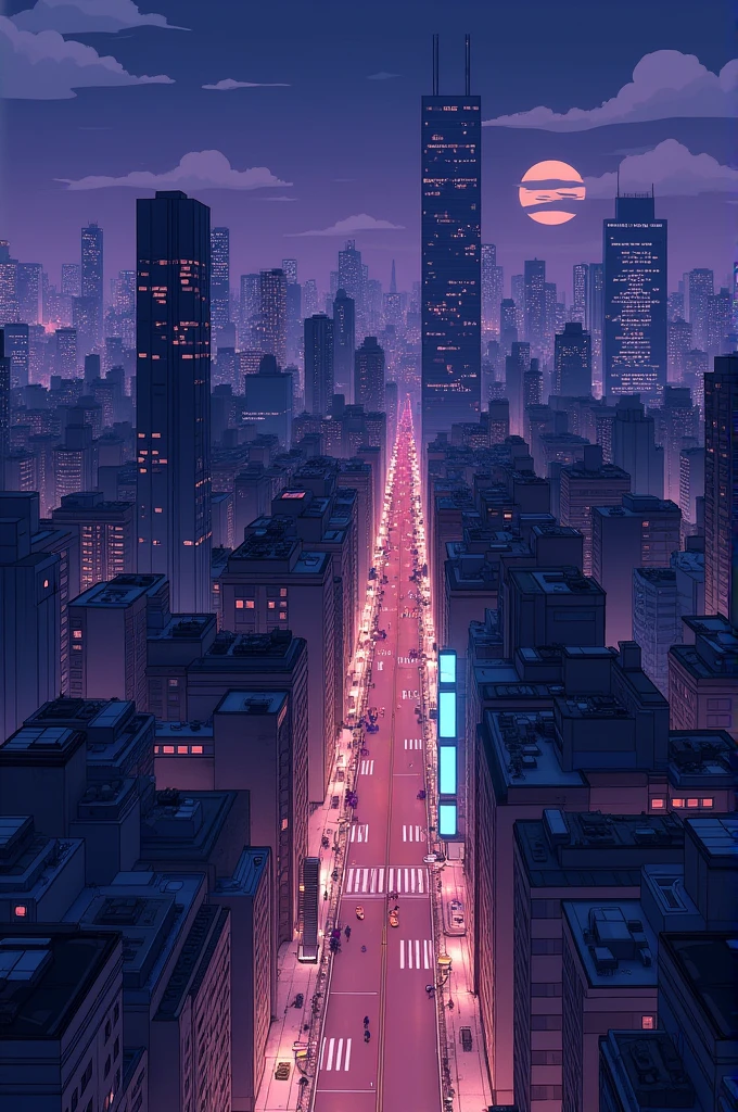 Cityscape at night, 1990s anime style with the noticable outlines of the drawings, from above the city with hues of purple, very cozy,