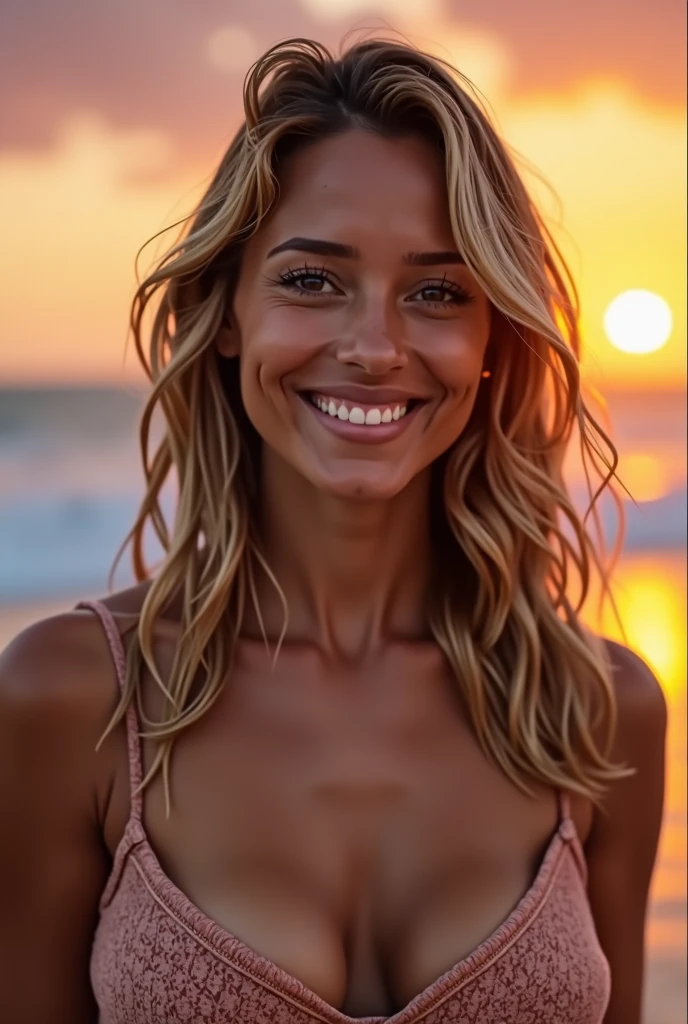 a mature 35-years-old woman, medium breasts and a pretty smile, she's berry pretty.
the model is smiling, on the beach with a sunset the model is looking at the camera.
