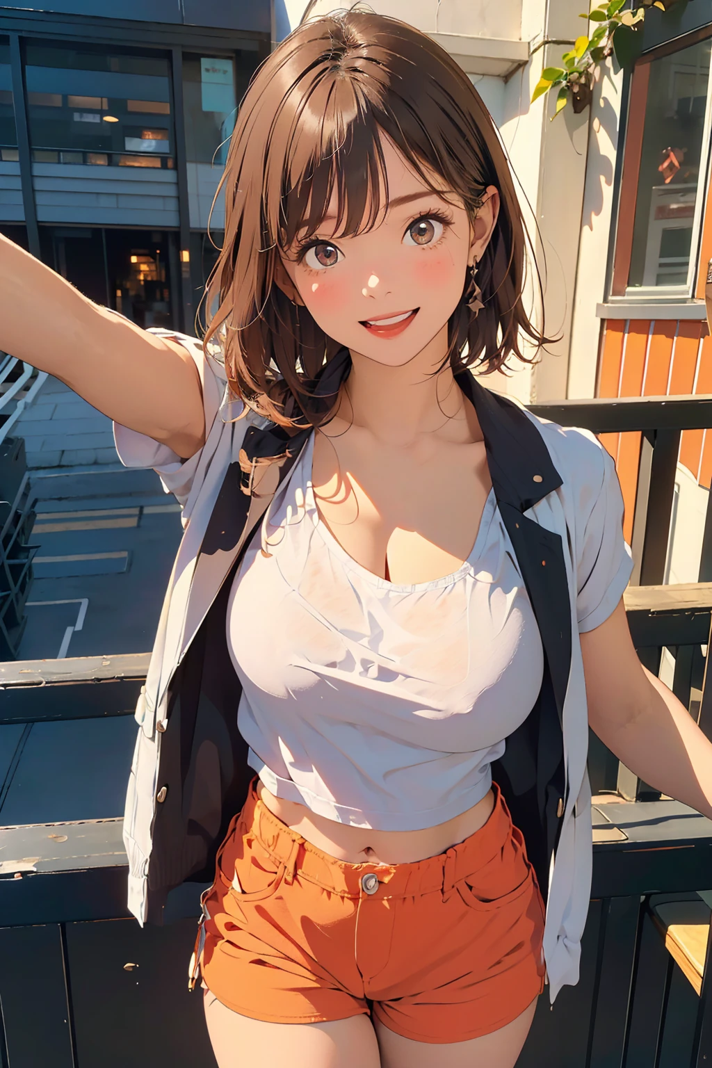 (masterpiece:1.2, top-quality), (realistic, photorealistic:1.4), beautiful illustration, (natural side lighting, movie lighting), nsfw,
looking at viewer, (face focus, upper body), front view:1.0, 1 girl, japanese, office lady, , perfect face, cute and symmetrical face, shiny skin,
(short hair, pixie cut hairstyle, flipped hair, brown hair), parted bangs, light brown eyes, long eye lasher, (medium breasts), slender,
beautiful hair, beautiful face, beautiful detailed eyes, beautiful clavicle, beautiful body, beautiful chest, beautiful thigh, beautiful legs, beautiful fingers,
((denim jacket, dark orange t-shirt, white tailored shorts)),
(beautiful scenery), evening, New York city, (outside park), working, outstretched arms, (lovely smile, open mouth),