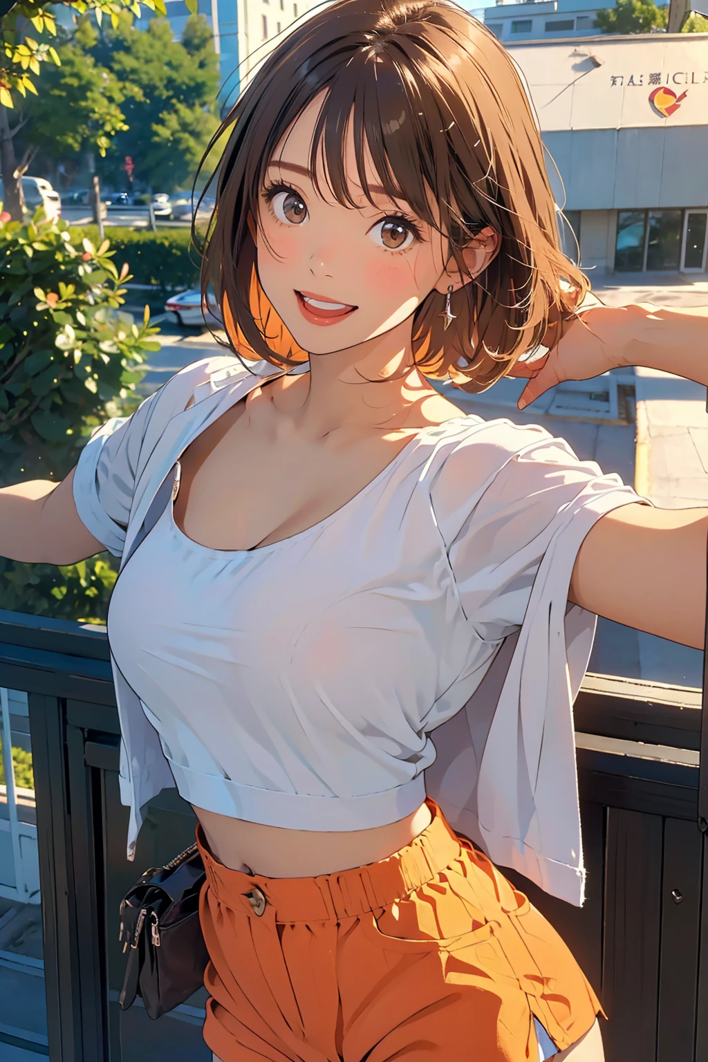 (masterpiece:1.2, top-quality), (realistic, photorealistic:1.4), beautiful illustration, (natural side lighting, movie lighting), nsfw, 
looking at viewer, (face focus, upper body), front view:1.0, 1 girl, japanese, office lady, , perfect face, cute and symmetrical face, shiny skin, 
(short hair, pixie cut hairstyle, flipped hair, brown hair), parted bangs, light brown eyes, long eye lasher, (medium breasts), slender, 
beautiful hair, beautiful face, beautiful detailed eyes, beautiful clavicle, beautiful body, beautiful chest, beautiful thigh, beautiful legs, beautiful fingers, 
((denim jacket, dark orange t-shirt, white tailored shorts)), 
(beautiful scenery), evening, New York city, (outside park), working, outstretched arms, (lovely smile, open mouth), 