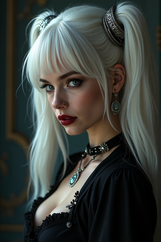 woman in profile, White hair, with pigtails, mouth with dark red lipstick, Grinning, Machiavellian look, small mole on her cheek, medium breasts, photo for mobile wallpaper, silver hair ornament