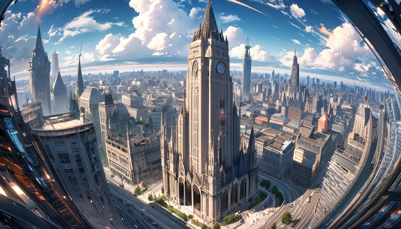 a very big city, metropolitan, very big and high stone tower in the city centre, beautiful wallpaper, cloud