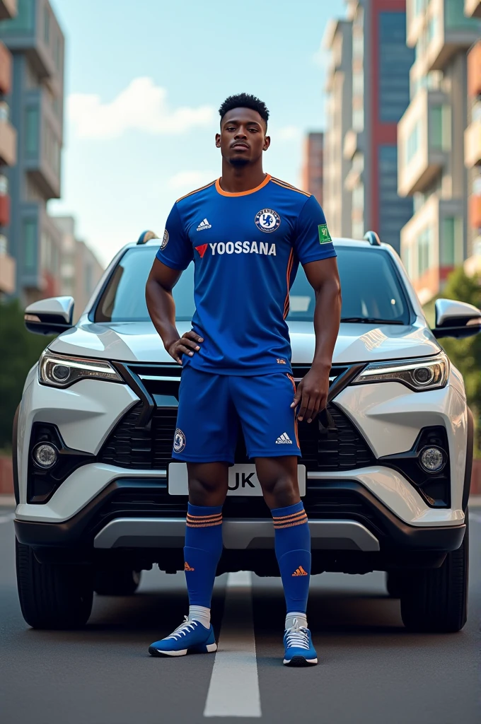 Toyota Rush car with a male model in a Chelsea uniform named Adika Back
