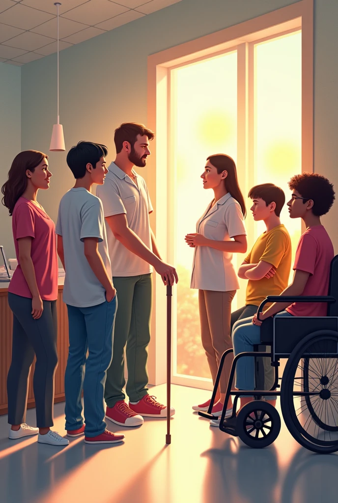 Image representing a department providing assistance to six people. being an autism, a wheelchair user, a blind man with a cane, a black, a mental disorder and a gifted person.