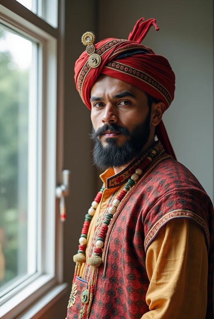(photorealism:1.2), a handsome nepali man Who wearing Nepali dhaka topi and daura suruwal .standing in front of white upvc window. Window must
be white upvc slide window