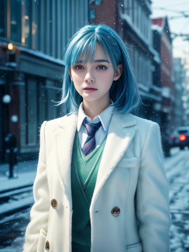 Highest quality,Ultra high definition,Ultra-high resolution,One girl,alone,whole body,Delicate depiction,snow,city,Physically Based Octane Rendering, Blue Hair,Green Eyes,JK,school uniform, Random Shot,