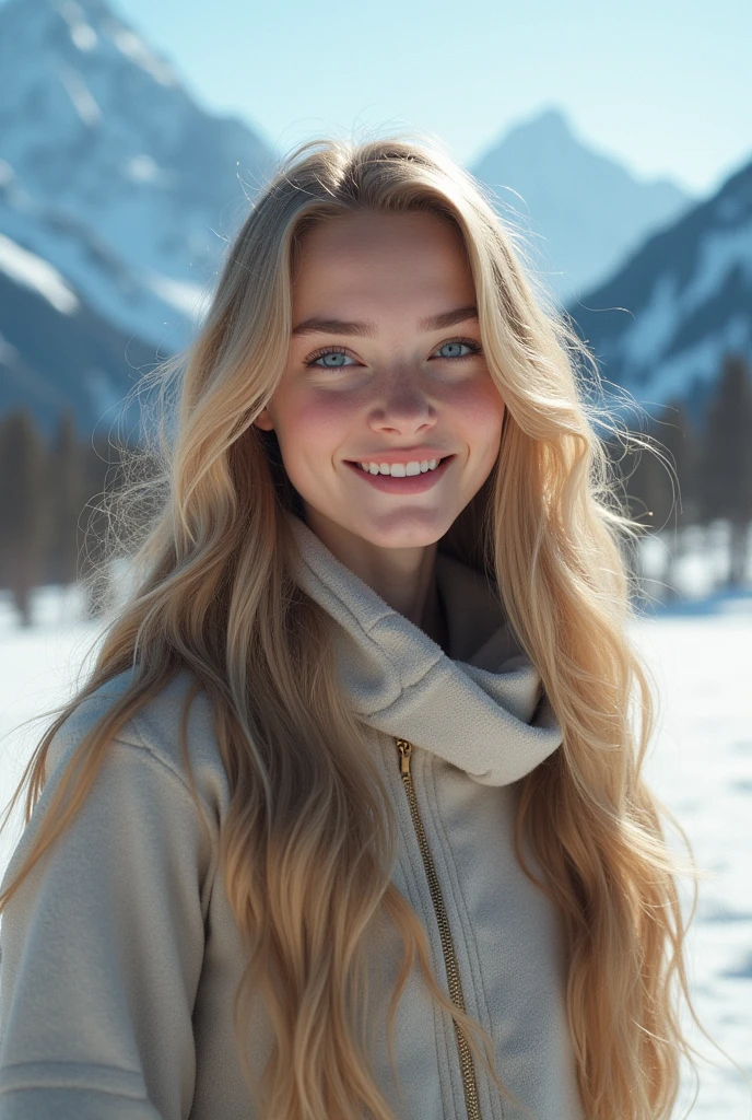 Realistic full body photo of a smiling, Young blonde woman with long hair, She is wearing winter clothes...., Snow mountains, perfect anatomy, perfect blue eyes. Perfect hands with 5 fingers on each hand. (Eye make up:1.1), (highly detailed skin:1.1), spirit, analog style, keen focus, 8K UHD, dslr, good quality, Fujifilm XT3, Grain, Award-winning, masterpiece.