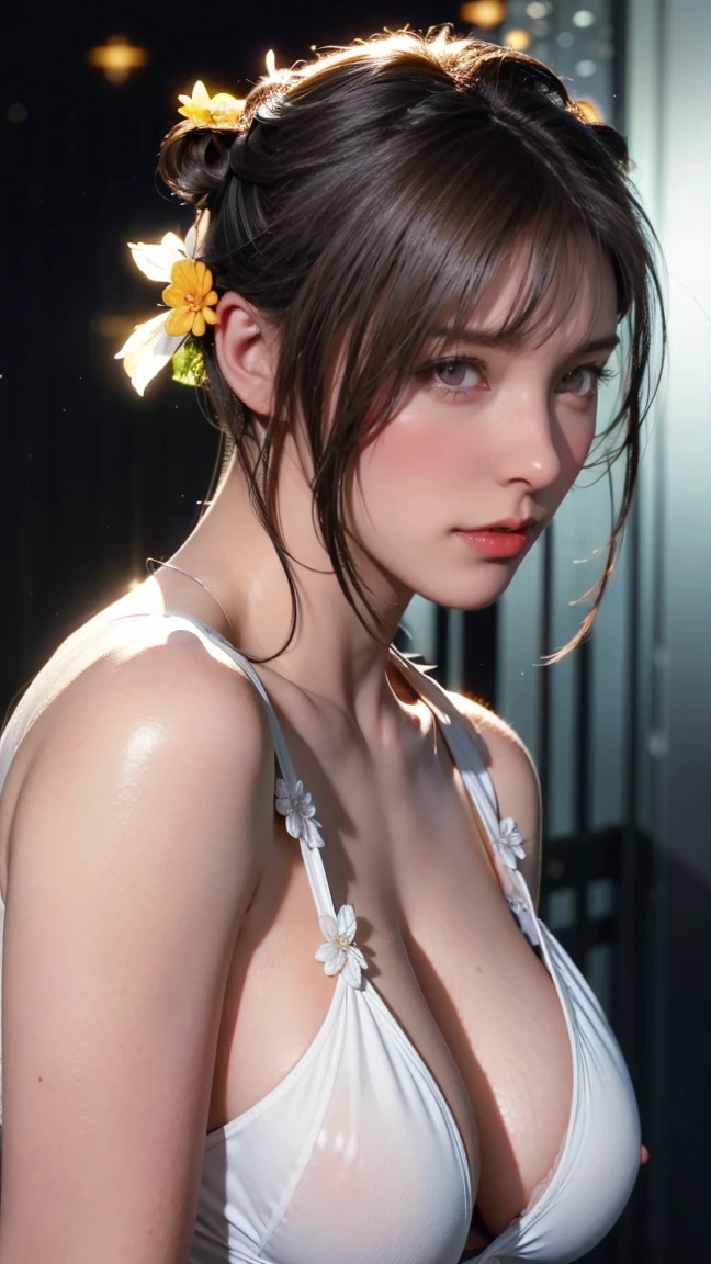 best quality, masterpiece, (actual:1.2), 1 girl, Detailed face, beautiful visual work:1.2, best quality),(big breasts:1.7),huge , (Delicate and beautiful eyes: 1.2), (Extremely detailed CG unified 8k wallpaper, masterpiece, best quality, Super detailed, best shadow), (Detailed background), (beautiful Detailed face, Beautiful and delicate eyes), french braid, masterpiece, braided bun, Side ponytail, best quality, (hair flower:1.5),high contrast, (best lighting, extremely delicate and beautiful),1 girl, dynamic angle, Beautiful and detailed light, full-body shot, slim waist, (white hair:1.6),(light brown hair:1.6), (double bun:1.5), purple eyes, best quality, masterpiece, (actual:1.2), lotus, luminescent, in the night sky, full of stars, Very detailed, ultra high resolution, super high quality,