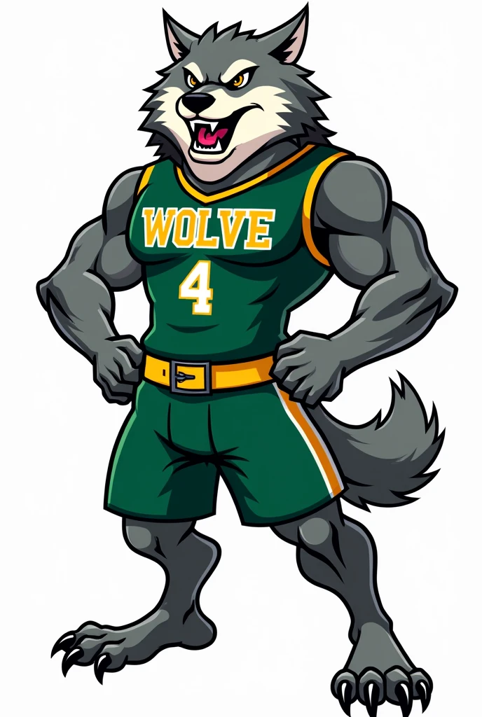 Wolf for college athletic mascot, brawny, big sharp claws, with a confident smile, agressive, with petroleum green clothing with gold details, cartoon style art, in png with nothing in the background