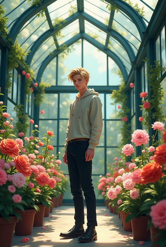 Extremely refined, Astonishing, Fine details, masterpiece, Extremely detailed, high resolution,Best Illustration, Best shadow,complex,Clear focus,  high quality, 1 male, Solitary, blond. Red Eyes, Genshin Impact, Glass greenhouse, Potted flowers, Flowers for sale, Man looking at flowers, Flowers everywhere