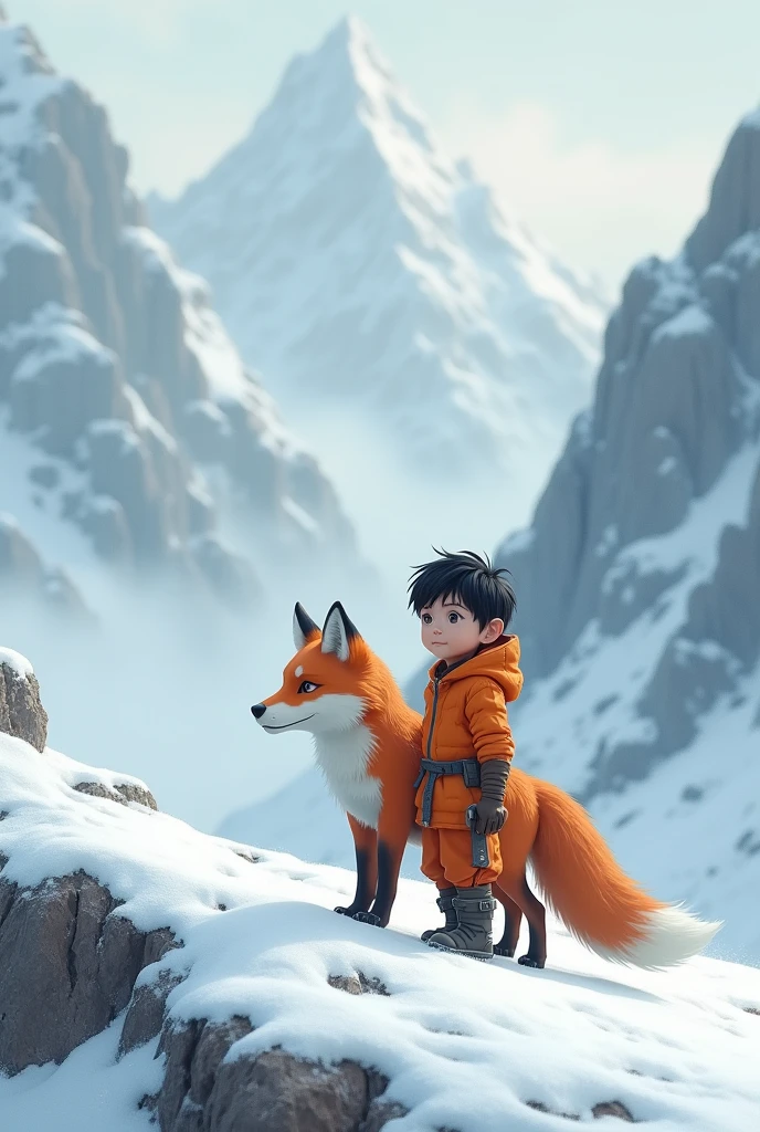 A dark-haired boy in an orange outfit and a fox , on a snowy mountain 

