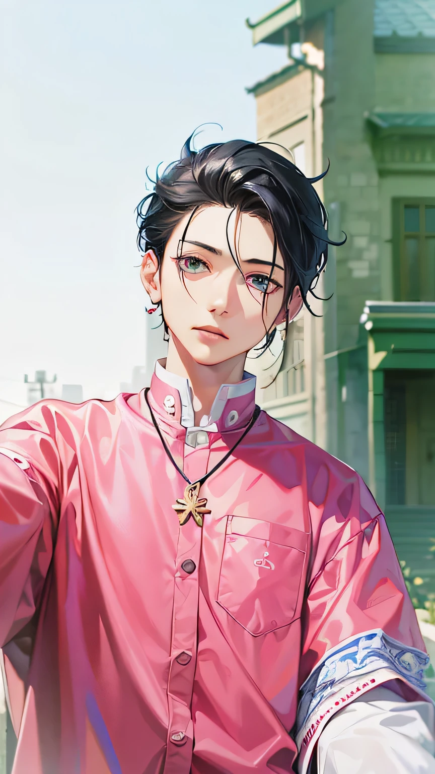 arafed boy with a blue shirt and a necklace with a white tag, with accurate face, ramil sunga, thawan duchanee, john jude palencar, nivanh chanthara, profile picture, 1, with long hair, potrait, south east asian with round face, with short hair, selfie photo, anime, high definition, sharp eyes, levi ackerman, anime boy, sukuna, nagi
