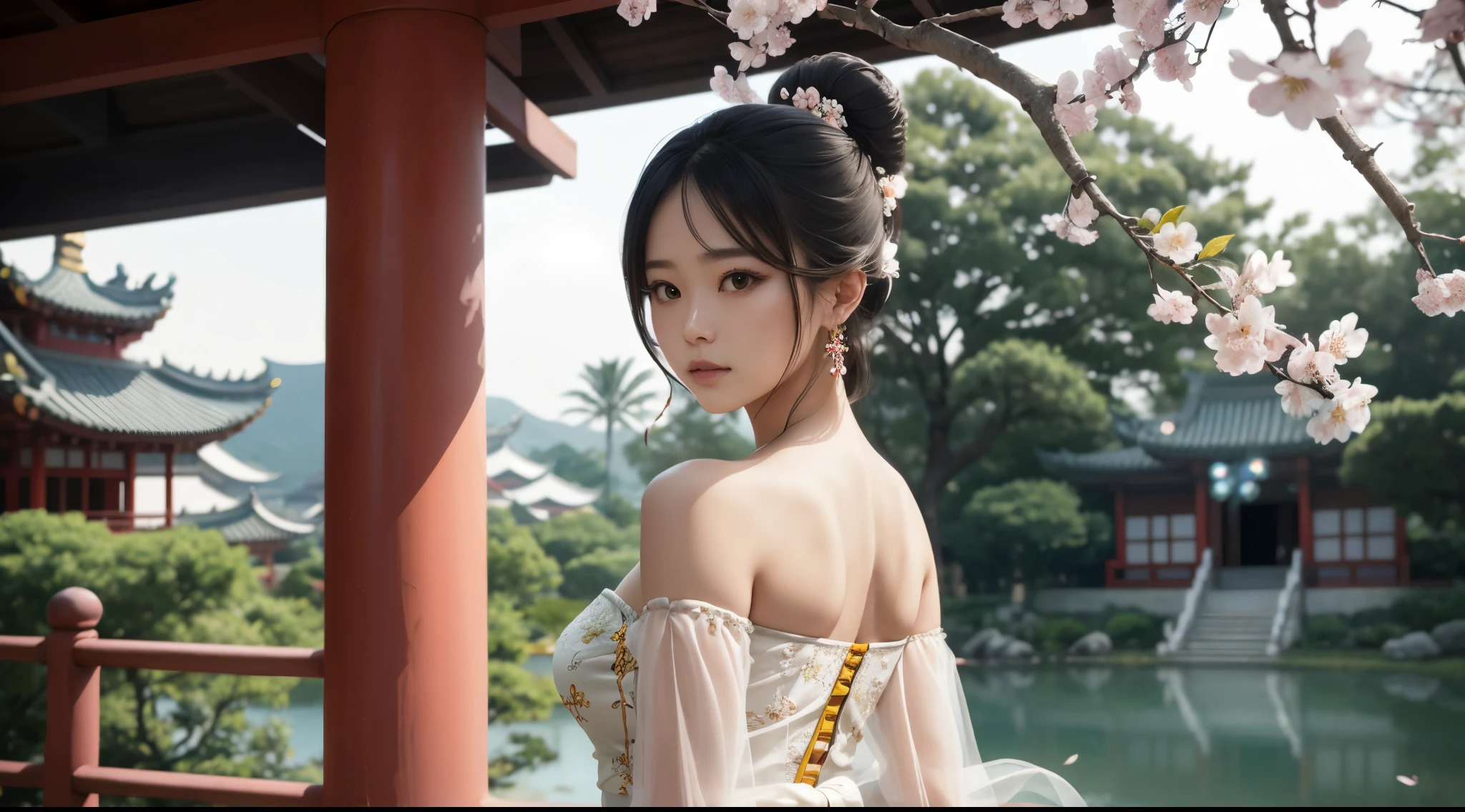 girl, standing, tree branch, (from side:0.6), medium wide shot, off-shoulder strapless white (see-through:1.2) hanfu, flower embroidery trim, (cute), (breasts:1.2), high ponytail hair updo, chinese hairpin, detailed face, (looking at viewer:1.4), cherry blossom, long earring, sharp focus, (tyndall effect:1.2), chinese temple, blurry background, bokeh, realism, beautiful, soft lighting, intricate details, warm colors, (full body:0.6),