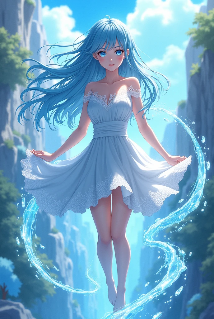 Create a female anime character my hero academia light blue hair water power floating