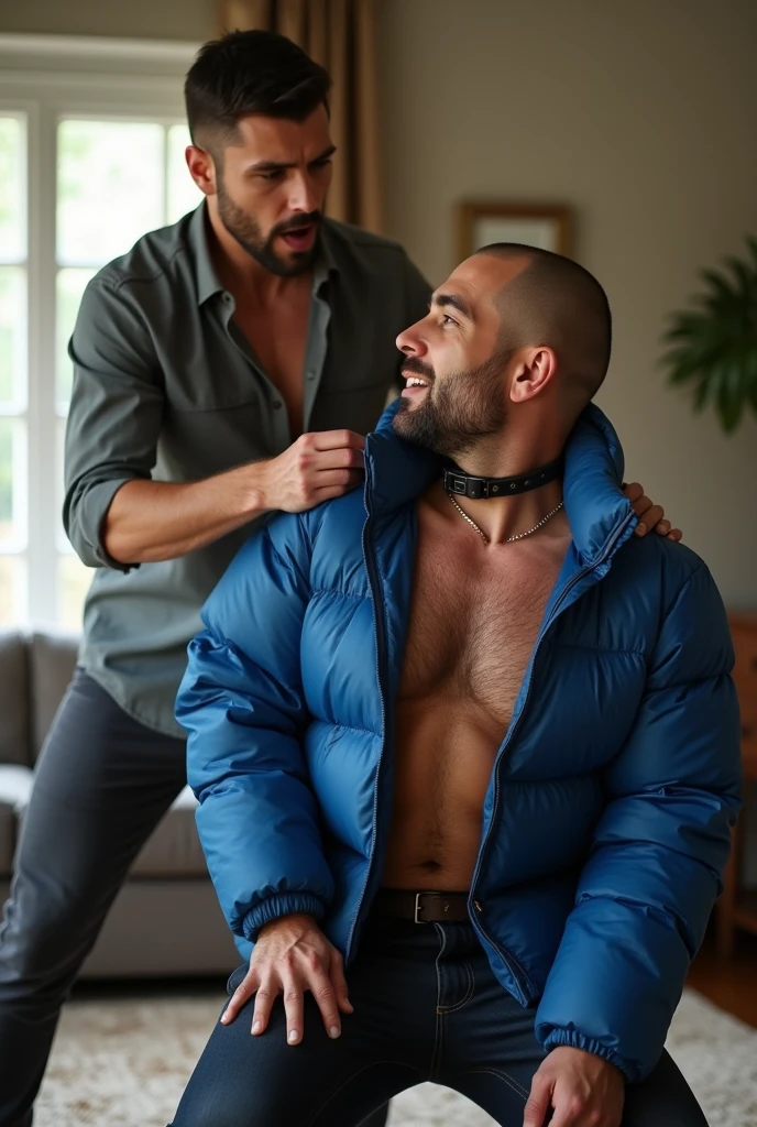 Violent BDSM with two visibly handsome and seductive macho gay men hyper-realistic, BDSM image, RAW, high resolution, high definition, high texture, showing two extremely seductive and handsome men together in a living room with high natural lighting. (((Wonderful and seductive uncle, 4, short hair with signs of initial baldness, wearing pants and an *extremely shiny blue nylon puffer jacket* open, exposing his hairy chest and slightly prominent belly. He is kneeling on the floor, *wearing a collar around his neck*, being pulled by the collar by his nephew, a very handsome and domineering man, 2, natural physique, dressed in a dress shirt and casual pants, next to his wonderful uncle submissive))). (((The *domineering nephew, with a maliciously authoritarian expression, pulls the leash of the collar attached to the submissive uncle's neck*, while the submissive uncle, *kneeling*, expresses that he is visibly humiliated))). High natural lighting, which enhances the realism of the BDSM image. The image must capture every detail accurately, emphasizing the BDSM interaction and the role contrast between the two men together (dominant nephew together with the submissive uncle), highlighting the realistic BDSM image with two handsome and seductive men together. Super details, best quality, anatomically correct, accurate.