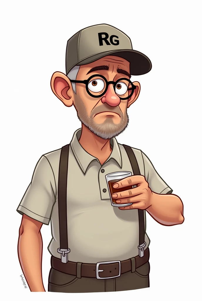 a 60 year old bald man, brown hair, with round glasses and a plain cap with the RG logo, white background, em cartoon, serious, holding a shot glass, He doesn't have a beard, Skinny and pot-bellied, normal black eyes