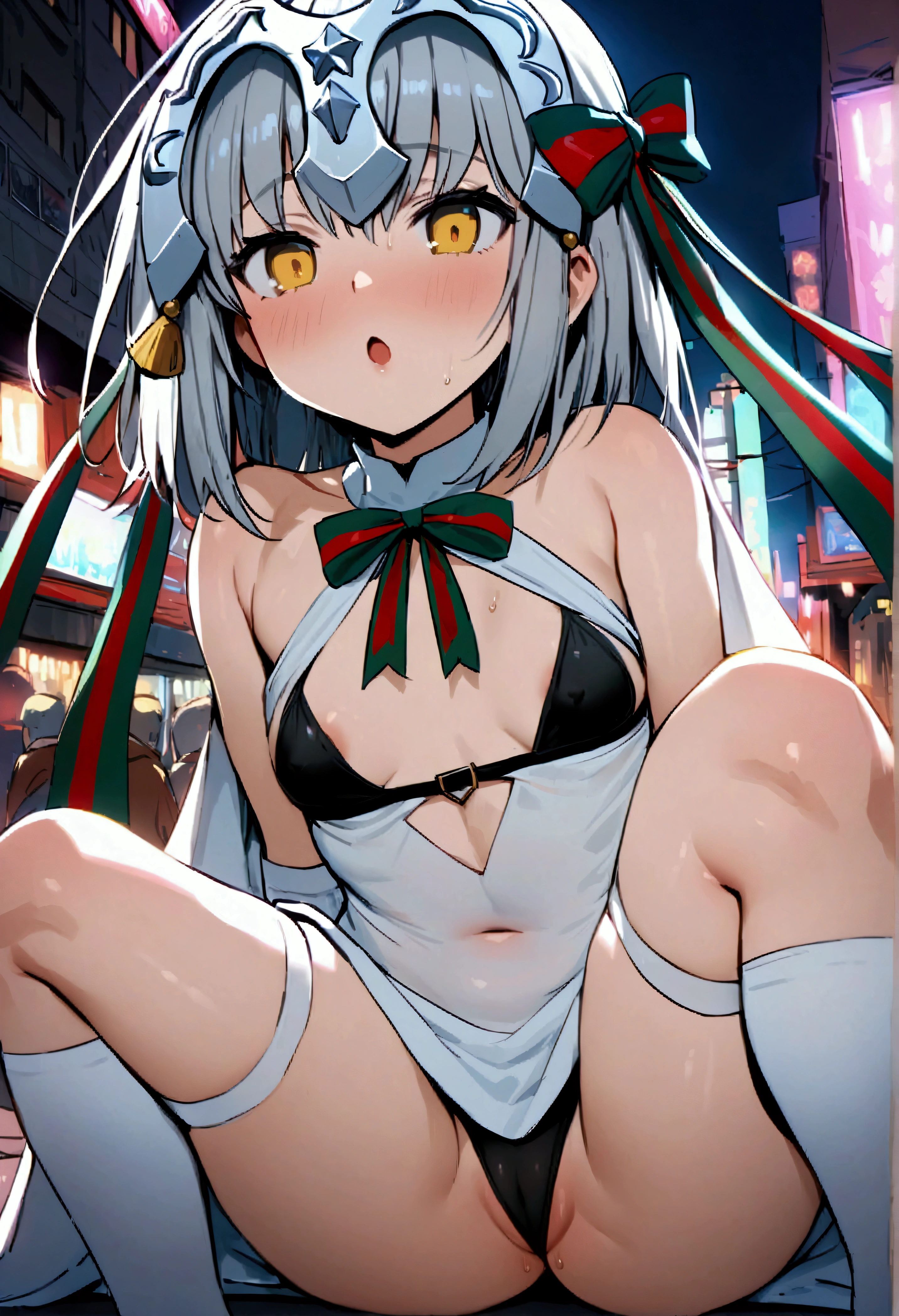 NSFW,masterpiece,Highest quality,High resolution,Very detailed,Joan of Arc Horta Santa Lily\(Fate/grandorder\),Gray Hair,Headpiece,Golden Eyes,Small breasts,Santa costume,White cape,White cut-in dress,Black bikini top,Knee socks,Nightlife,In town