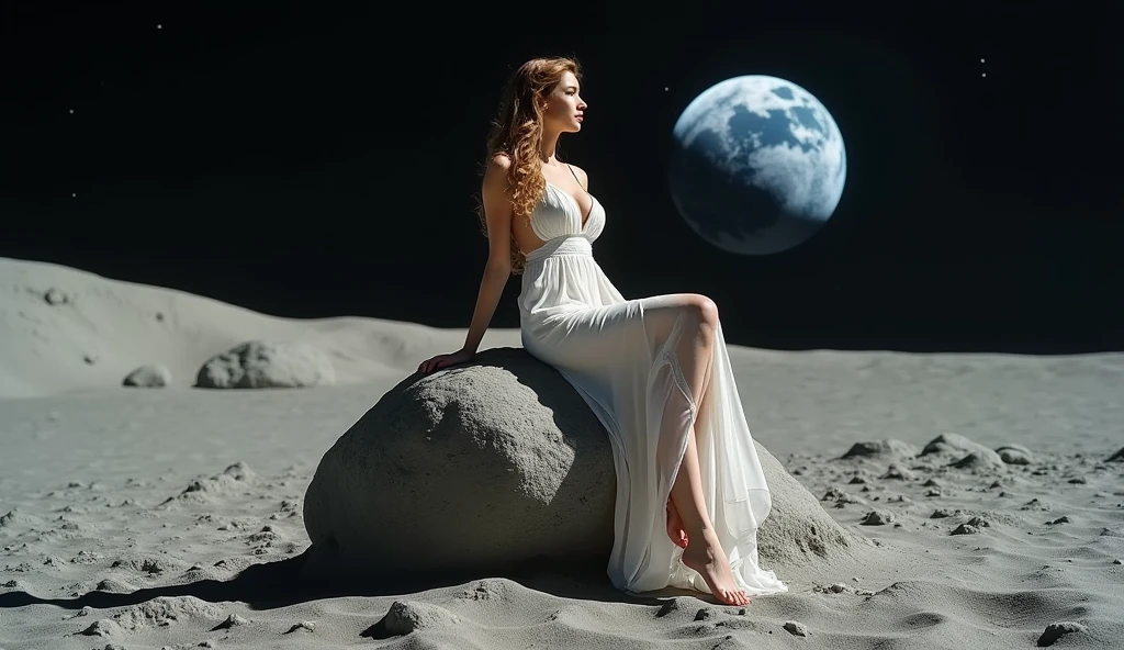 beautiful woman sitting on top of a rock on the lunar surface, in the background of the image you can see the earth, the woman is wearing a long white dress, barefoot, big breasts,