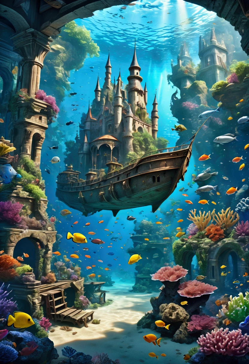 ((Highly detailed anime art)),Aquarium tank,Colorful tropical fish,Underwater castle,Sunken ship,((masterpiece, Highest quality, Extremely detailed CG, unity 8k wallpaper )),(masterpiece, Highest quality, Highest quality, Official Art, beautiful),Very vivid,High-precision images,Ultra-high resolution,Great art,Poster Art,Impressive photos,Impressive art,