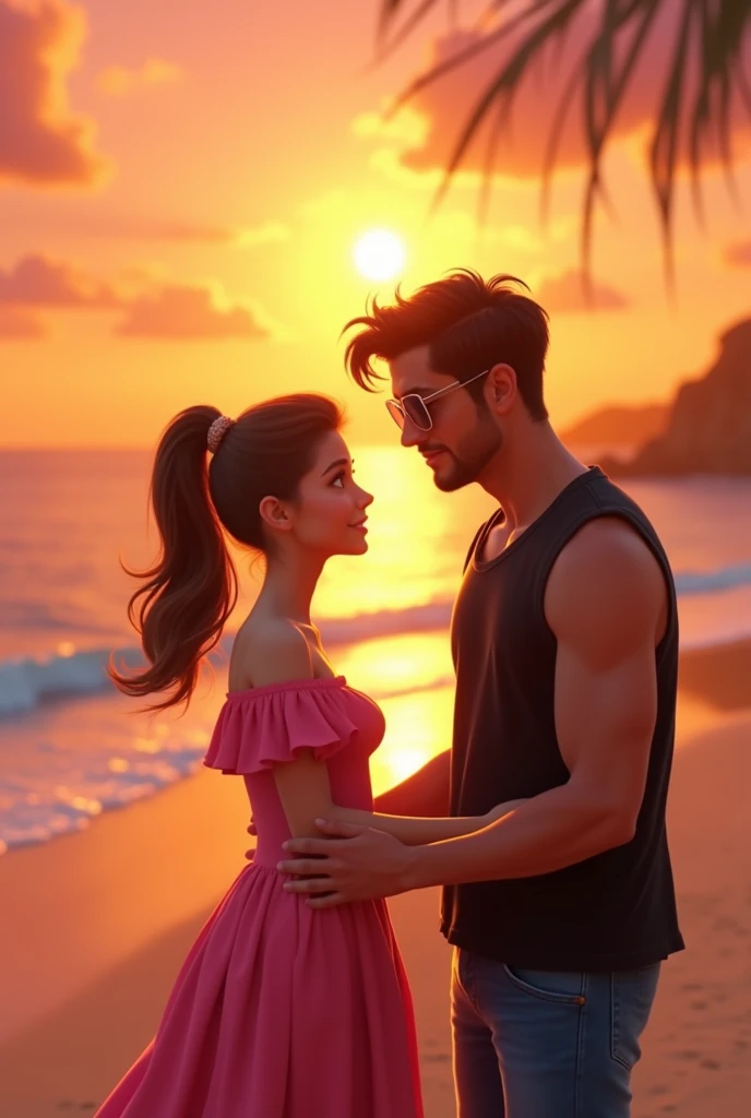 disney pixar poster
two couple, facing on the sunset in the beach. The girl is in pony tail, wearing pink off shoulder dress, while the guy is wearing BLACK SLEEVELESS shirt and wearing sun glasses while holding on girl hips
