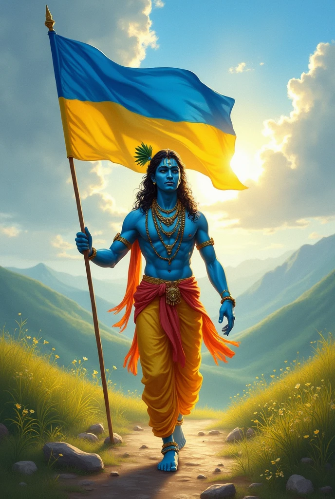 Krishna walking in his left hand having ukrain flag