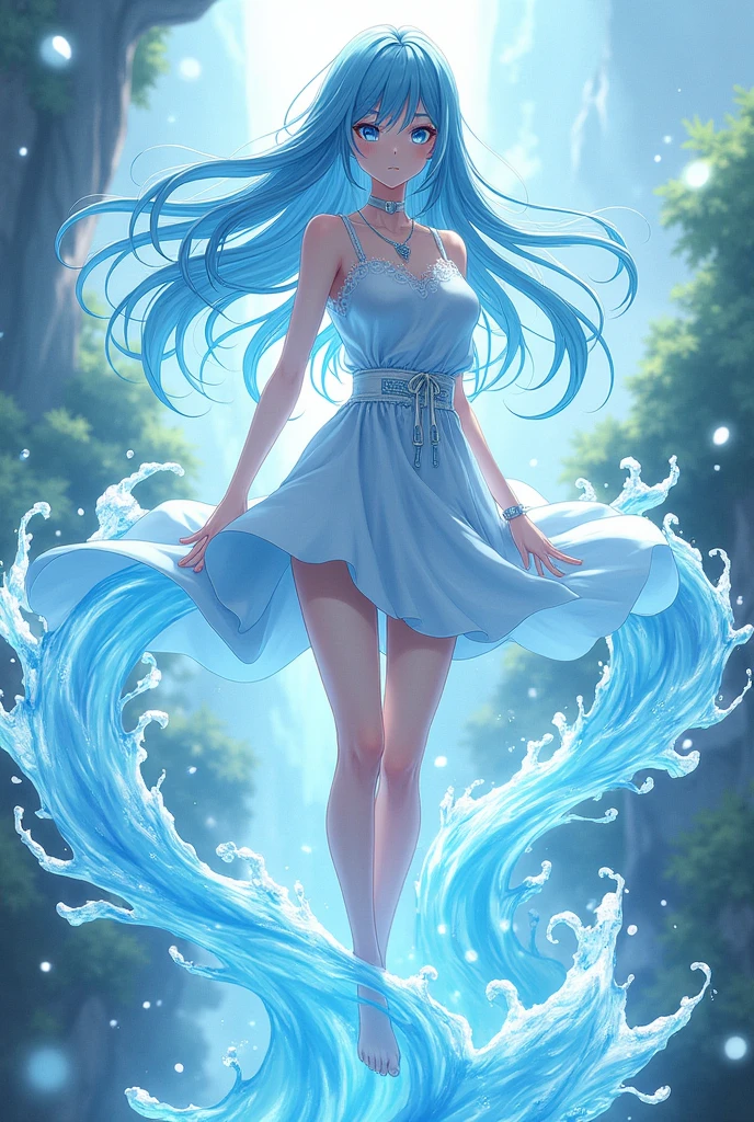 Create a female anime character my hero academia light blue hair water power floating