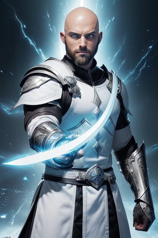 ((ultra quality)), ((tmasterpiece)), male battle mage, elemental master, (Bald), (has a short black beard), (serious manly face), (is looking at the camera, ((Skin color: white)), ((light blue eyes glow)), (Large physique), (Male figure), ((Subtle and beautiful)), stands in an epic fighting, ((blade attached to left gauntlet)), light black leather armor on shoulders,