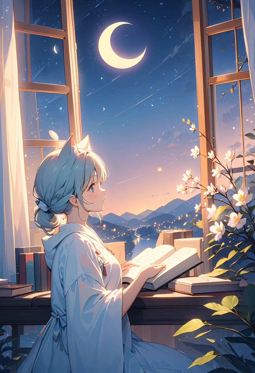 (Highest quality:1.2), Beautiful lo-fi minimalist vibe, Night Sky,star,Three-haired cat, Book, window, moon, Light bokeh, Soft colors, Sparkling, Dynamic Side Angle, Natural soft lighting, 8k resolution, shape, pastel four colors