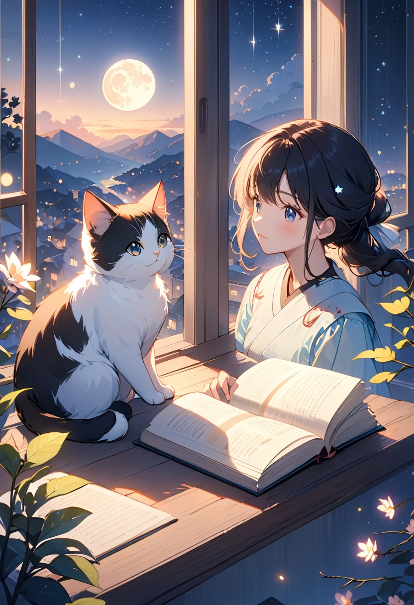 (Highest quality:1.2), Beautiful lo-fi minimalist vibe, Night Sky,star,Three-haired cat, Book, window, moon, Light bokeh, Soft colors, Sparkling, Dynamic Side Angle, Natural soft lighting, 8k resolution, shape, pastel four colors
