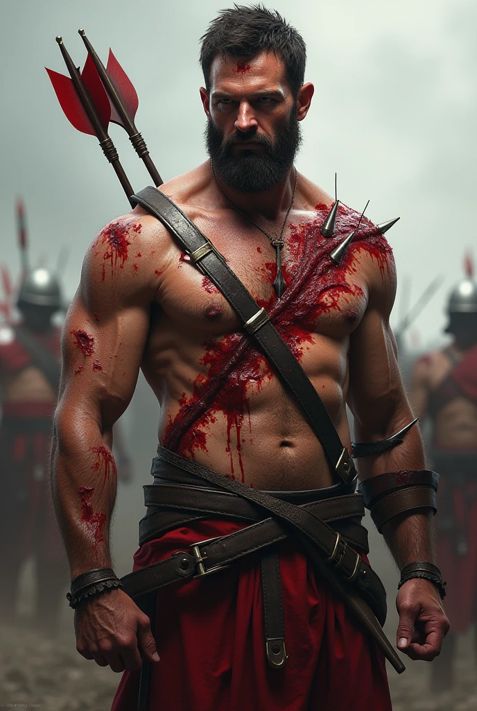 "Create a severely battered fighter Not head-on but slightly to the side AT 30°. Who has been hit by arrows.two Arrows embedded in his back and one in his right shoulder, sword cuts, a lance in his heart, but who refuses to give up. His left hand holds his right shoulder, his left eye is injured."