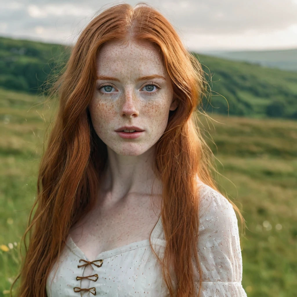 1 woman face, irish redhead , gorgeous long hair, pale skin with freckles,  with little light illuminating his face, white dress with a strap below , very beautiful, Half open lips,Scottish meadow background, luz outfit, 8K photo quality, Realistic details, ultra definition. 