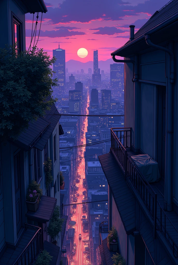Cityscape at night, 1990s anime style with the noticable outlines of the drawings, from above the city with hues of purple, very cozy, in an alley
