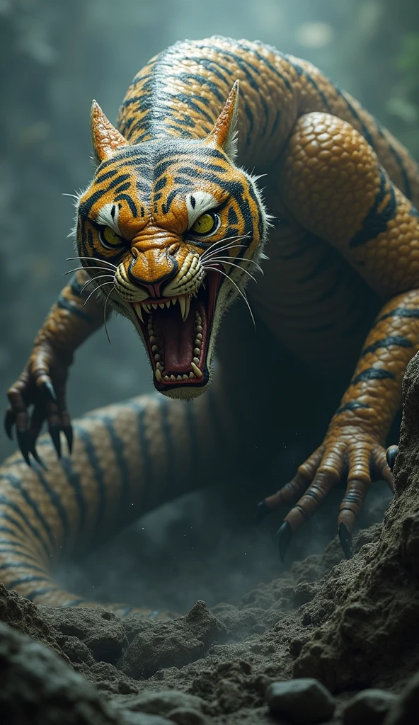 Generate an image of the animal combination of python and tiger dangerous and monsterous