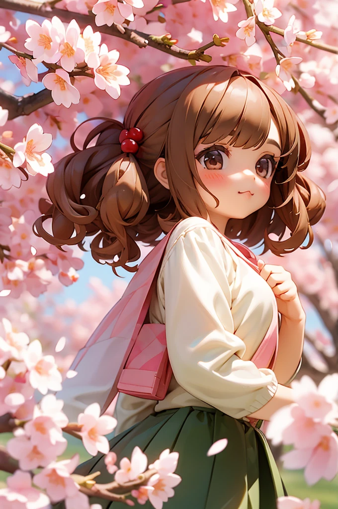 A cute girl with brown bob perm and cherry blossoms in her hair