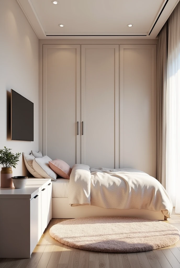 interior design, girl's room, gray floor , clean , TV, single box bed, fitted wardrobe, curved carpet,render ultra realista , 8k ,4k , ultra-realista , Foto realista