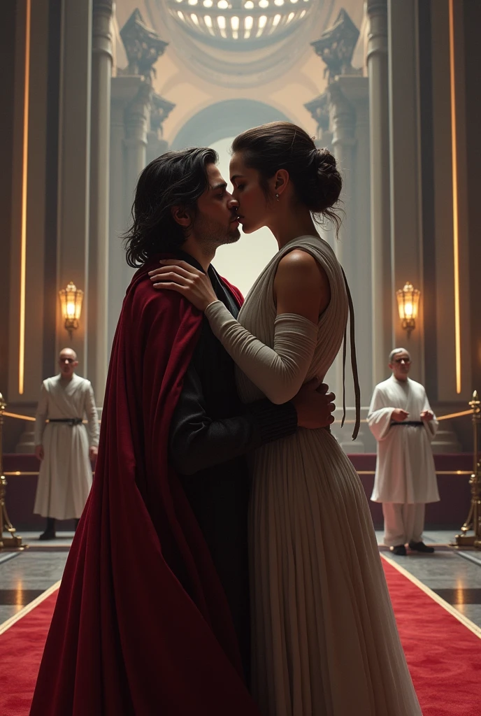 Unmasked Kylo Ren and Rey kissing in an Imperial meeting hall. King dresses in white.