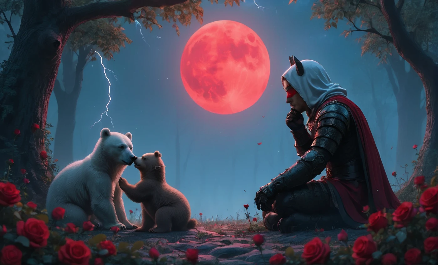 Male knight with a white hood with white bear ears and a sword behind his back sits cross-legged on the ground towards a  polar bear and a babywn bear in a forest while the moon shines, many Roses cover the ground and lightning falls from the sky. The baby polear plays with the baby brown bear while the knight enjoys watching them. Only the man wears a red blindfold. In the background of the picture is the blood moon and a tree has fallen down in the path. The forest is full of trees with leaves. The armor of the man is black and red roses decorate it. The sky is full of stars. The knight is thoughtfully touching his face.