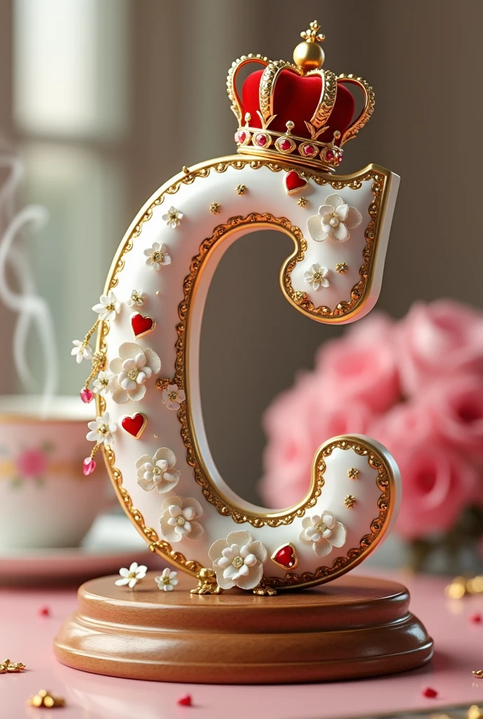 A 3D render of a white letter C with gold embellishments and small white flowers on a wooden base. The letter is adorned with a red heart and a gold British crown with red jewels. The background is blurred and features a cup of coffee and a bouquet of pink flowers. The image is styled to look like a beautiful, whimsical scene.