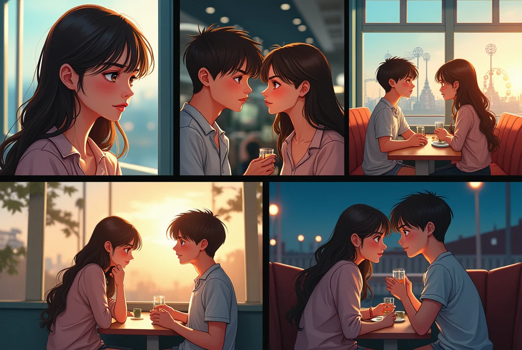 Long hair, 1 girl, looking at a boy through a bus window now the two of them meet in a school cafeteria now the two of them are in an amusement park now at the cinema watching a movie