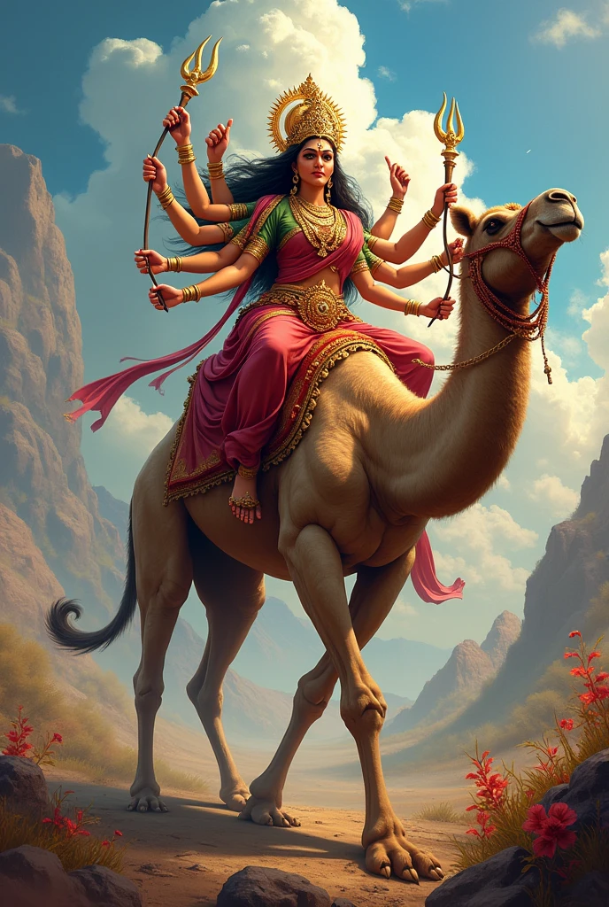 Hindu God maa durga setting camel realistic image and colorful and beautiful background