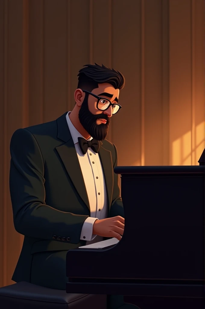 Dark-skinned, slightly overweight, elegant, bearded man with glasses and not so dark hair, playing the piano, animated version
