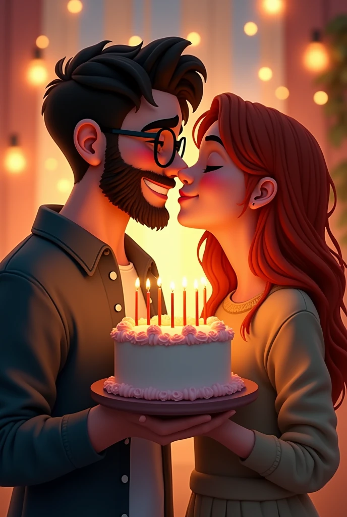 A young white man with very short black beard and glasses holding a birthday cake, and a red head young woman without glasses by his side kissing his cheek