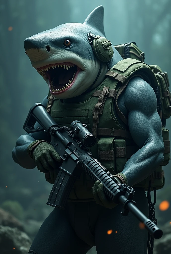 Shark with helmet, bulletproof vest and M16 rifle 